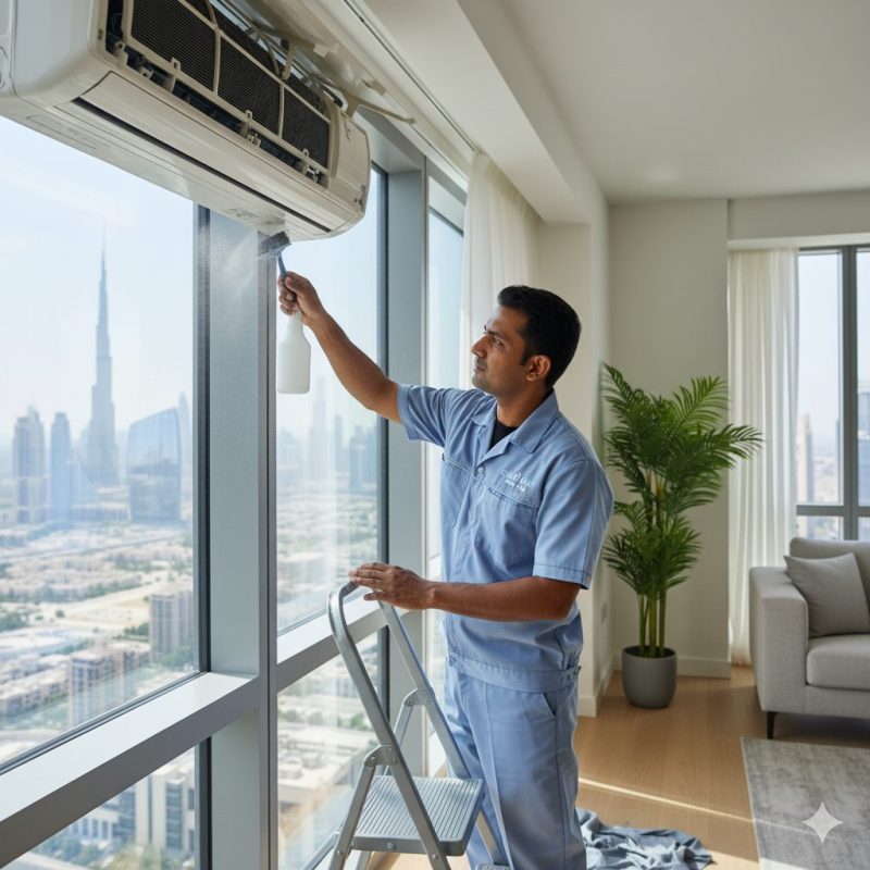 AC technician performing maintenance on an indoor air conditioning unit in a modern Dubai apartment with Burj Khalifa visible in the background, illustrating professional AC servicing in Dubai